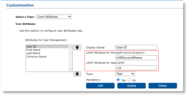 Customization page of Configuration tab with User Attributes topic selected and LDAP Attribute fields outlined in red